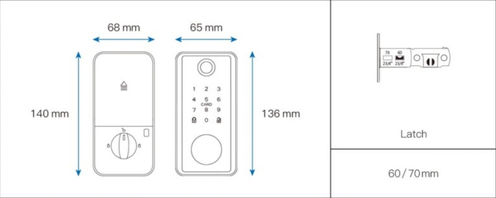 DS01 dimension drawing: Front: 136 × 65 mm; rear: 140 × 68 mm (height × width)